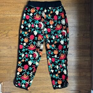 Zara Knit Velvet Colorful Floral Embroidered Pull On Tulip Hem Jogger Pants